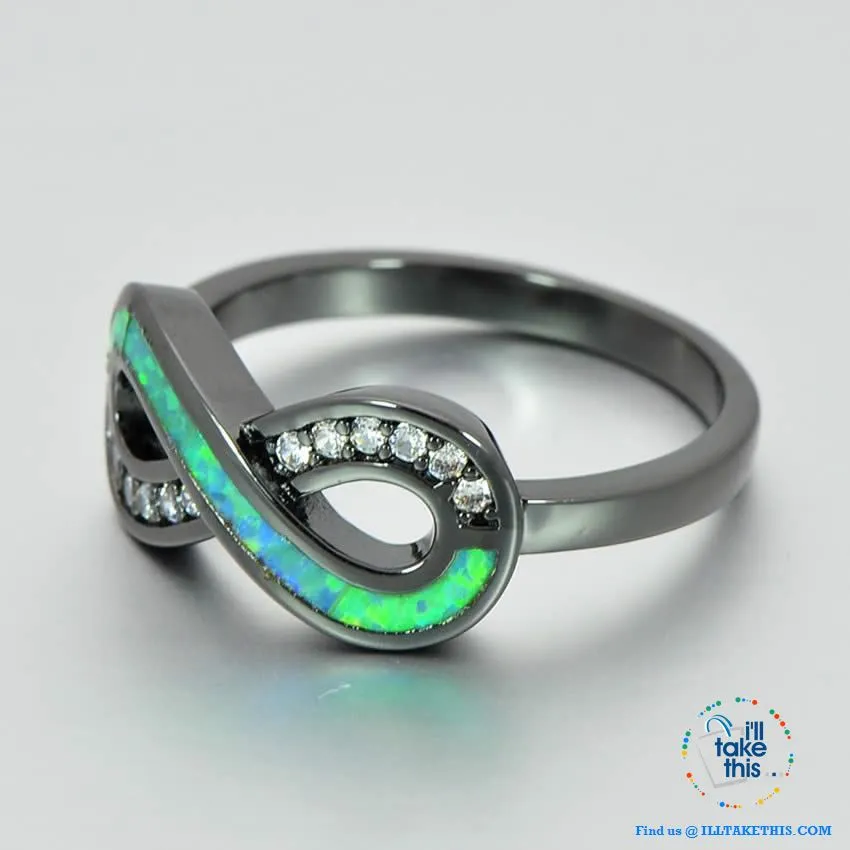 💍 Infinity Green Fire Opal Ring Accented with Crystal studs Black Gold Filled Women's Rings