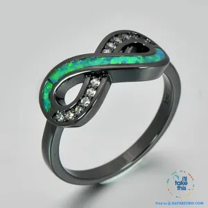 💍 Infinity Green Fire Opal Ring Accented with Crystal studs Black Gold Filled Women's Rings