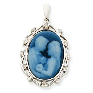 0.1 Carat 14K White Gold Diamond Bride & Groom Agate Cameo Pendant