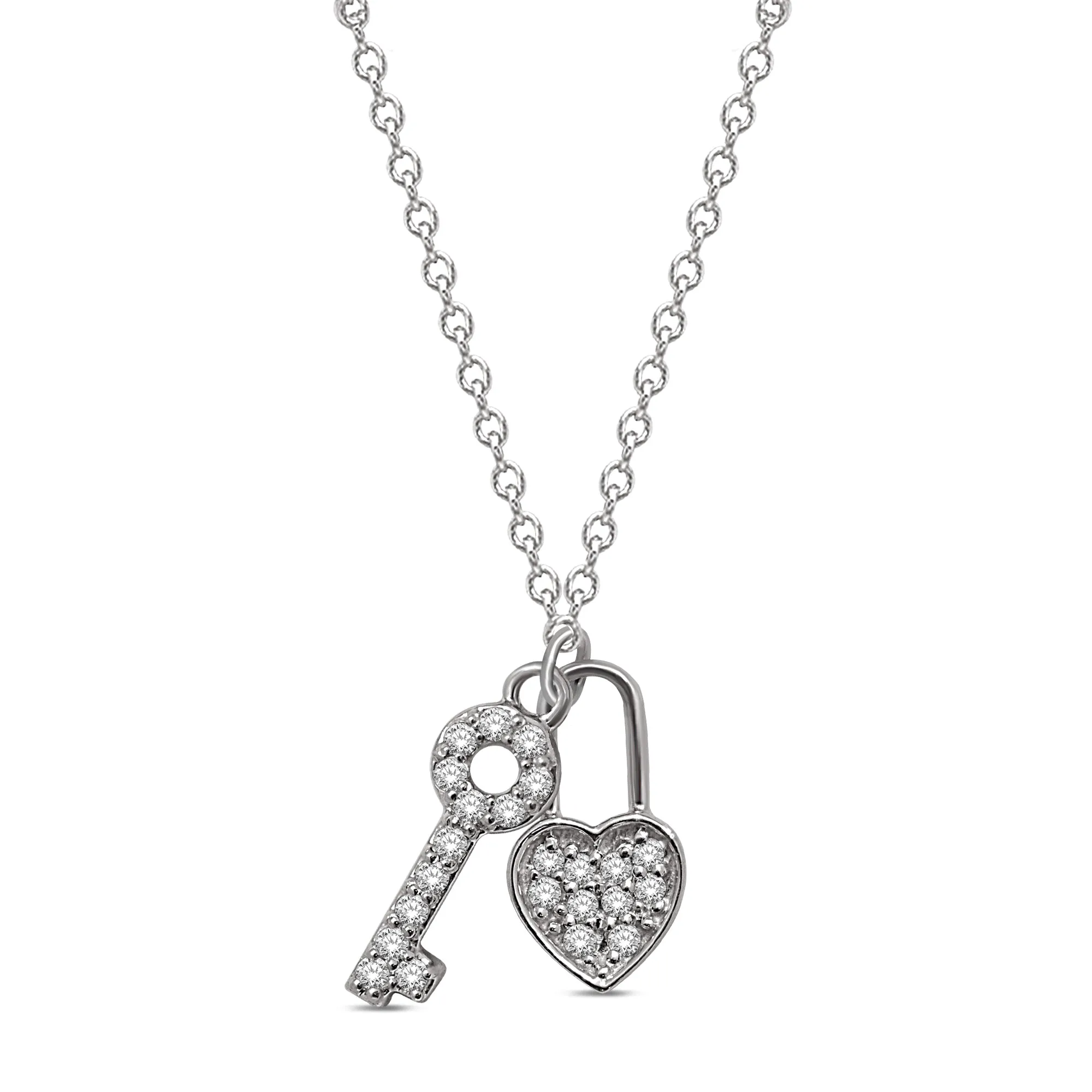 10K White Gold 0.12 Ctw Diamond Heart Lock & Key Pendant
