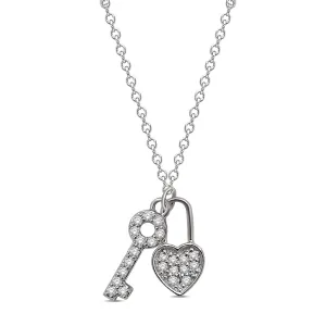 10K White Gold 0.12 Ctw Diamond Heart Lock & Key Pendant