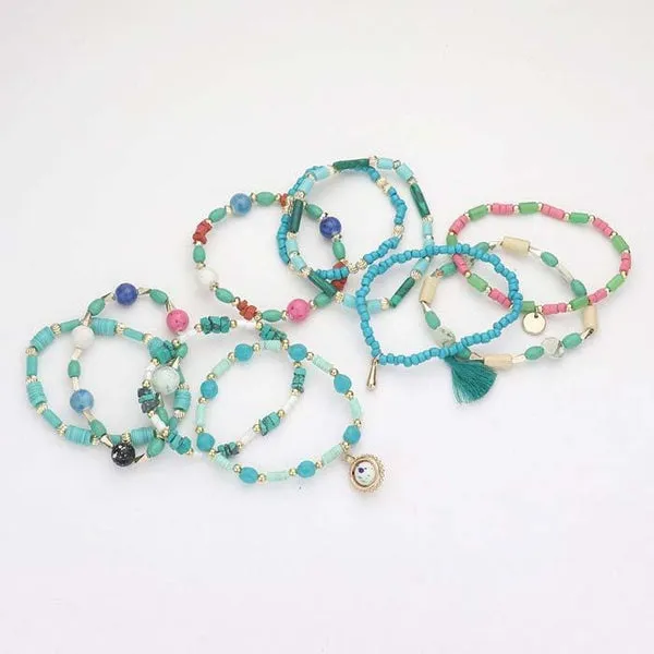 10PCS - Heishi Turquoise Blue Beaded Tassel Stretch Bracelets