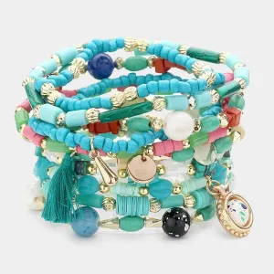 10PCS - Heishi Turquoise Blue Beaded Tassel Stretch Bracelets