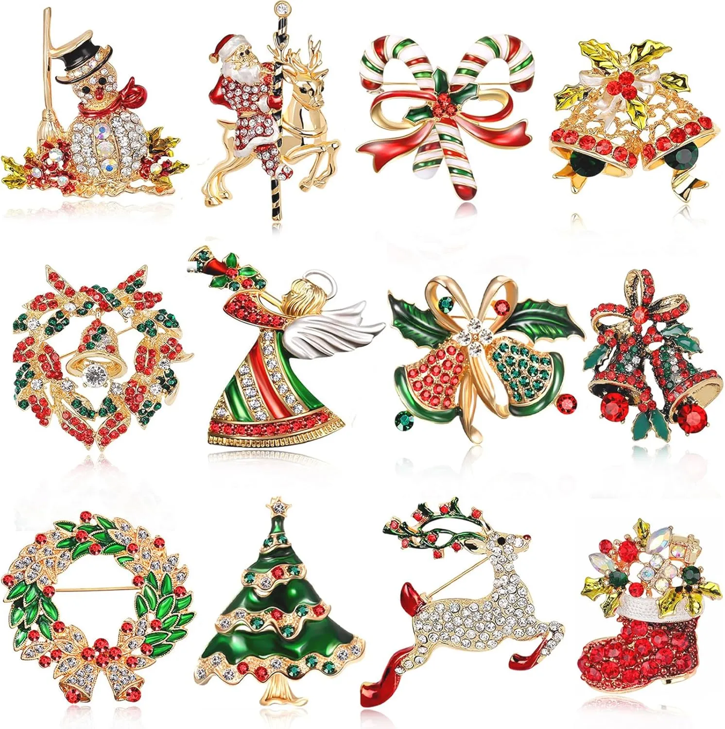 12 Pcs Christmas Brooch Pins Set for Women Rhinestone Crystal Christmas Tree Wreath Snowman Reindeer Christmas Ornament Jewelry Pins Gift