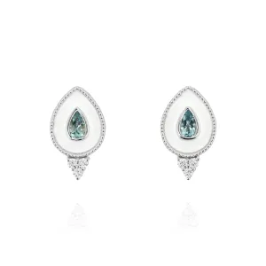 14K White White Enamel, Aquamarine and Natural Diamond Stud Earrings