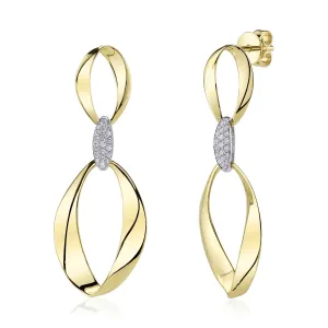14K Yellow Gold Elongated Oval Dangle Earrings with White Gold Diamond Connector