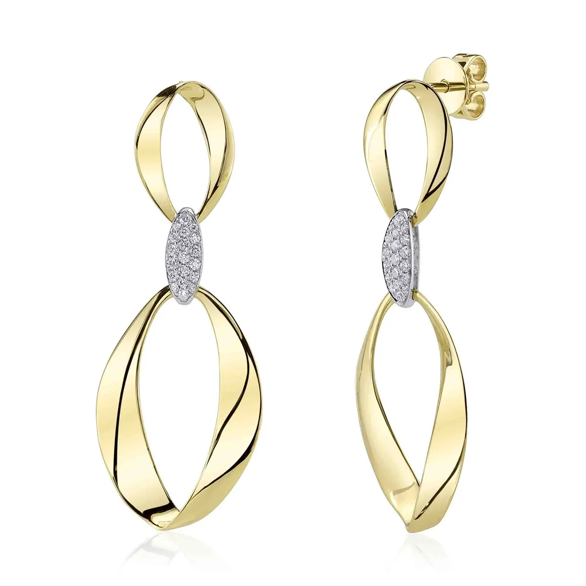 14K Yellow Gold Elongated Oval Dangle Earrings with White Gold Diamond Connector
