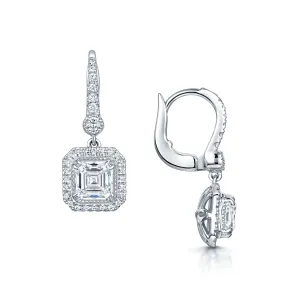 18ct White Gold Asscher Cut And Round Brilliant Diamond Halo Cluster Drop Earrings