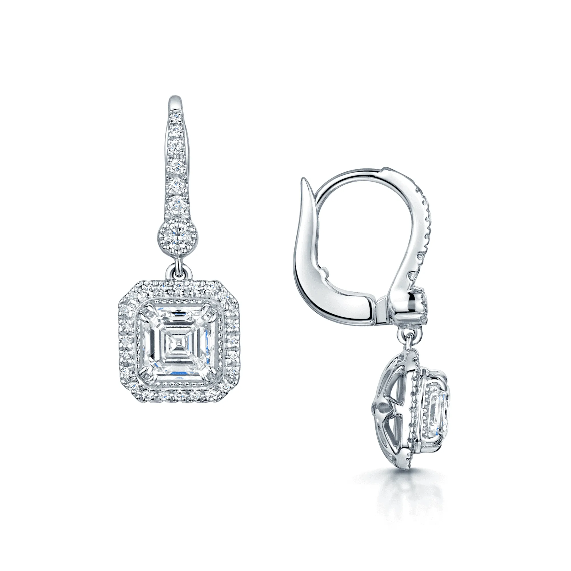 18ct White Gold Asscher Cut And Round Brilliant Diamond Halo Cluster Drop Earrings