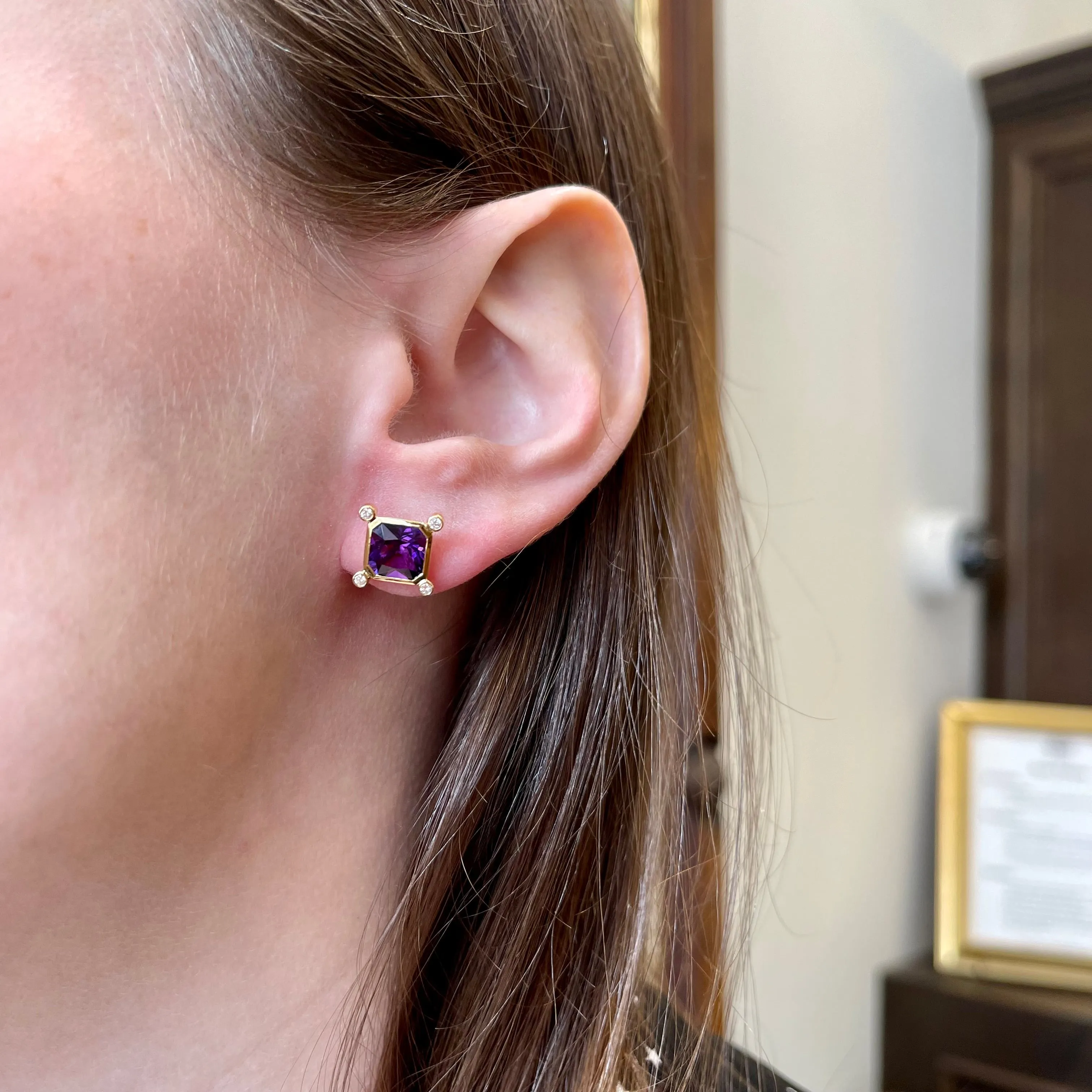 18K Yellow Gold 2.96 CTW Amethyst and Diamond Stud Earrings