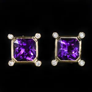 18K Yellow Gold 2.96 CTW Amethyst and Diamond Stud Earrings