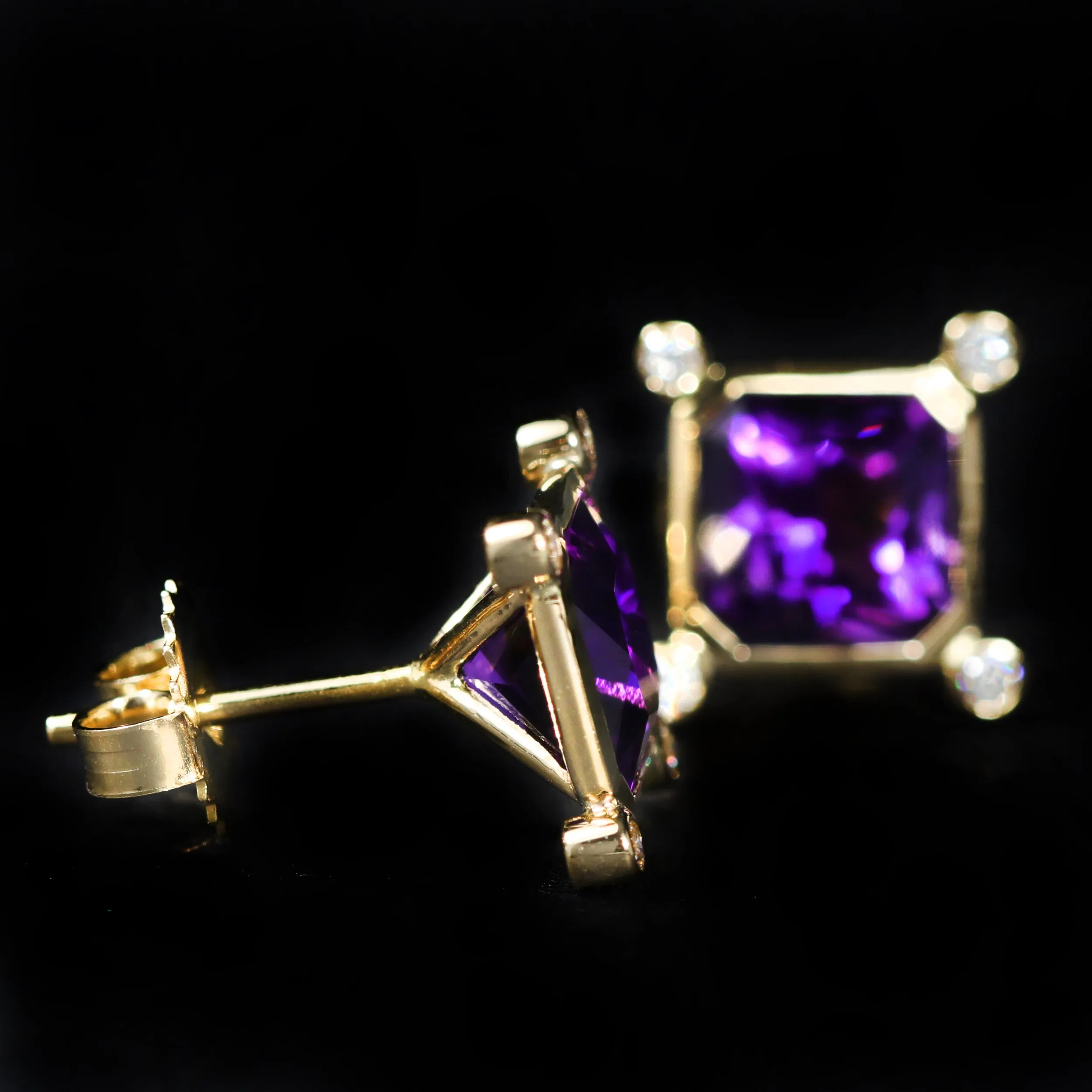 18K Yellow Gold 2.96 CTW Amethyst and Diamond Stud Earrings