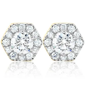 1Ct TW Diamond Studs Hexagon Halo Lab Grown Earrings White or Yellow Gold