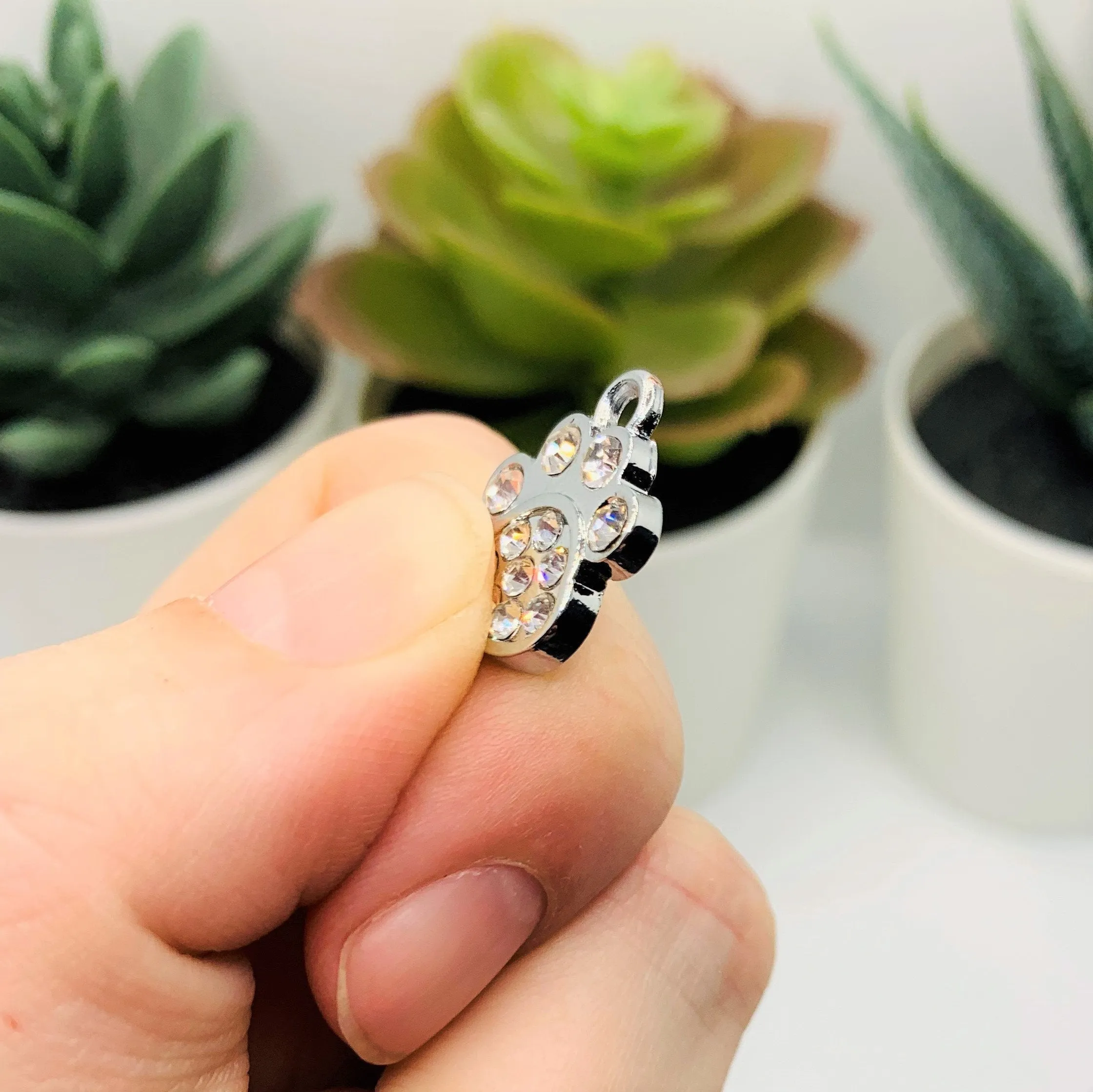 4, 20 or 50 Pieces: Diamond Rhinestones and Silver Dog / Cat Paw Charms