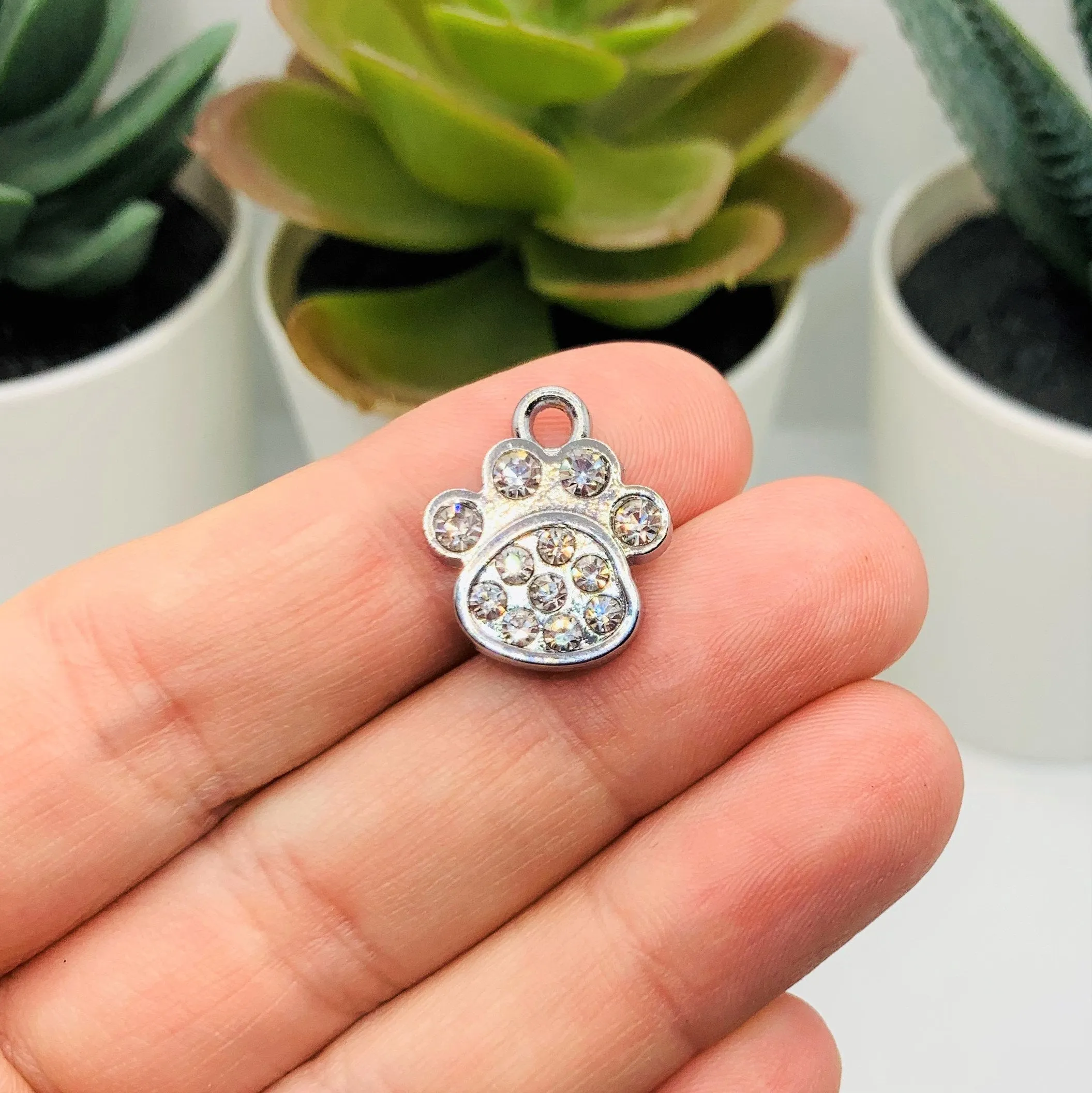 4, 20 or 50 Pieces: Diamond Rhinestones and Silver Dog / Cat Paw Charms