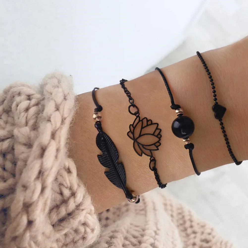 4PCs Gothic Black Feather Lotus Bracelets Set