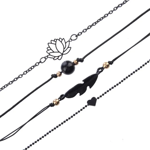 4PCs Gothic Black Feather Lotus Bracelets Set