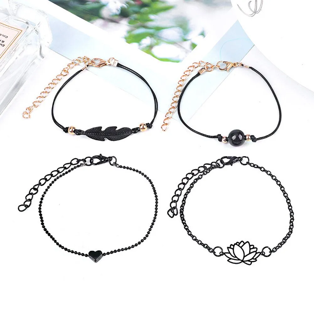 4PCs Gothic Black Feather Lotus Bracelets Set