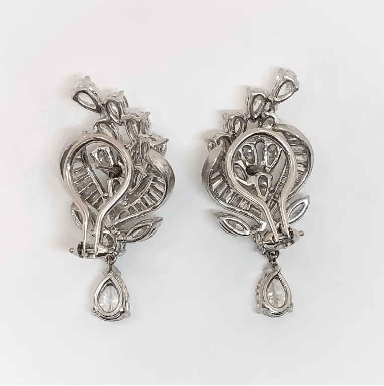 7.50CTW FG VVS Platinum Vintage Pear and Baguette Diamond Drop Earrings