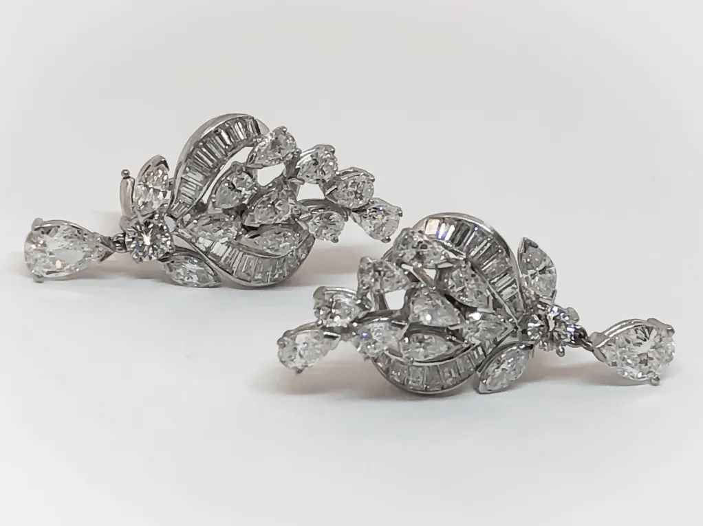 7.50CTW FG VVS Platinum Vintage Pear and Baguette Diamond Drop Earrings