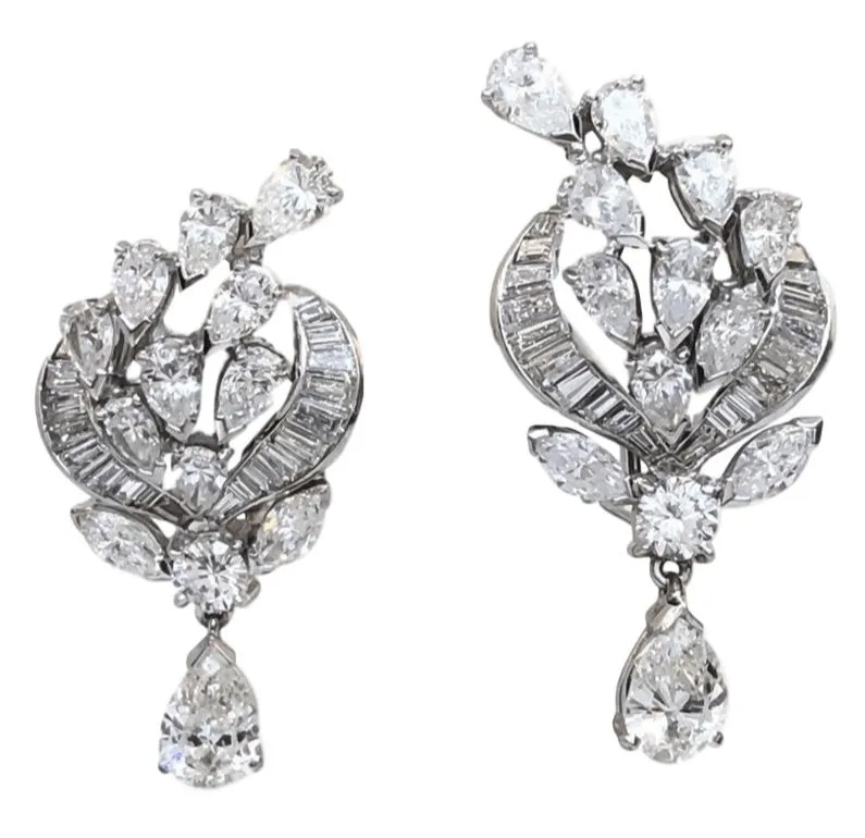 7.50CTW FG VVS Platinum Vintage Pear and Baguette Diamond Drop Earrings