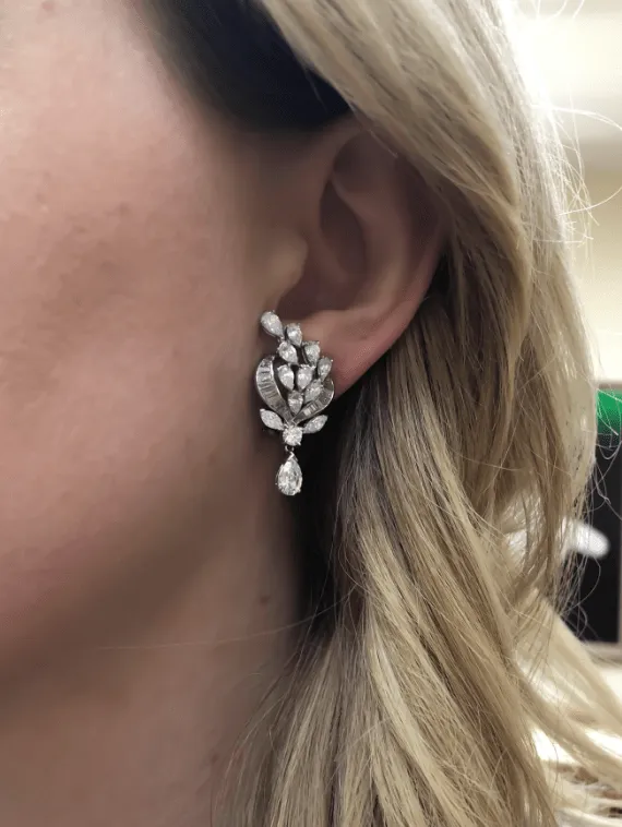7.50CTW FG VVS Platinum Vintage Pear and Baguette Diamond Drop Earrings