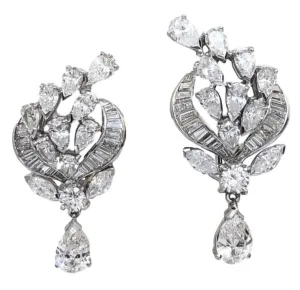 7.50CTW FG VVS Platinum Vintage Pear and Baguette Diamond Drop Earrings