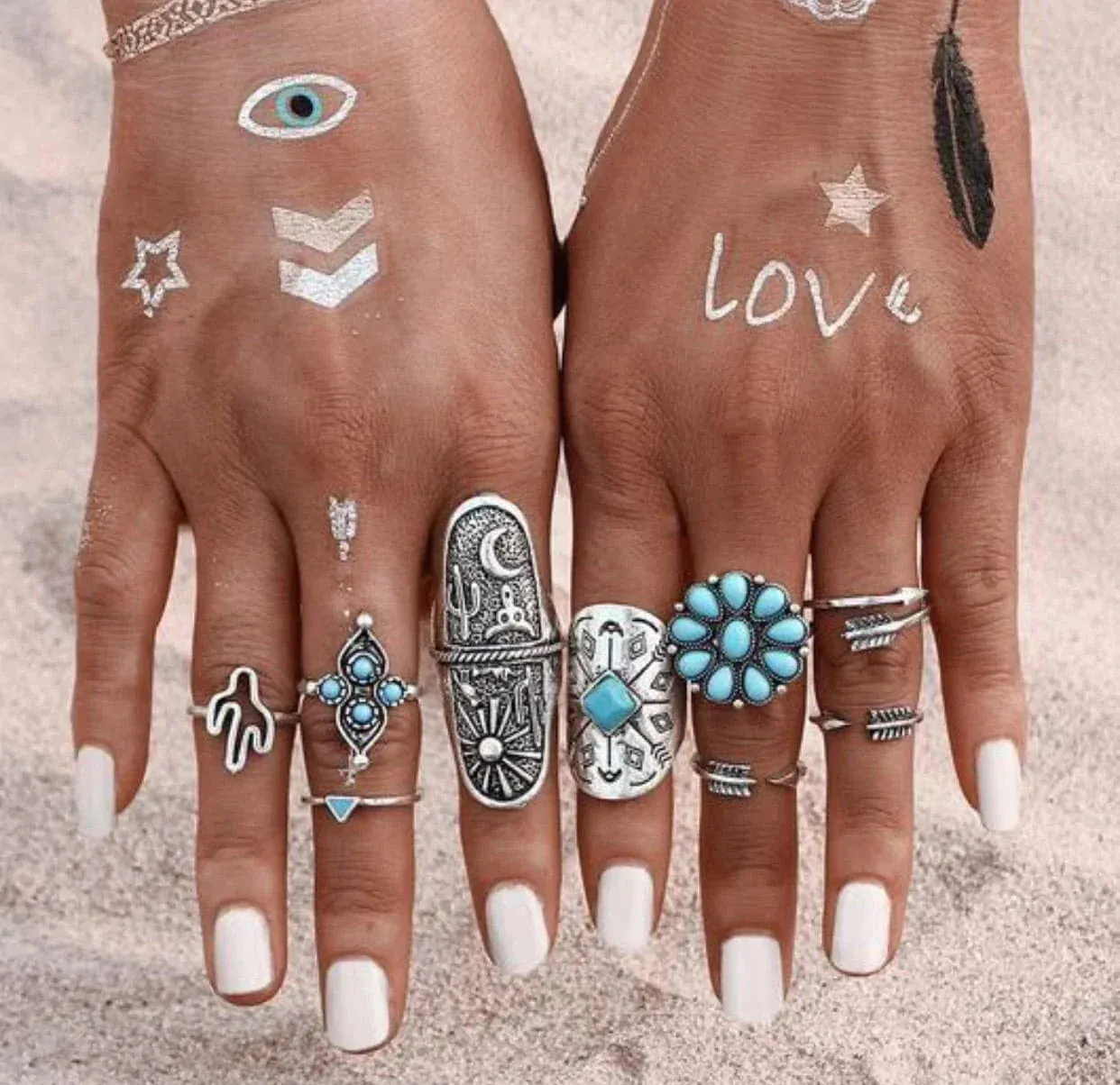 9pc Southwest desert turquoise ring set