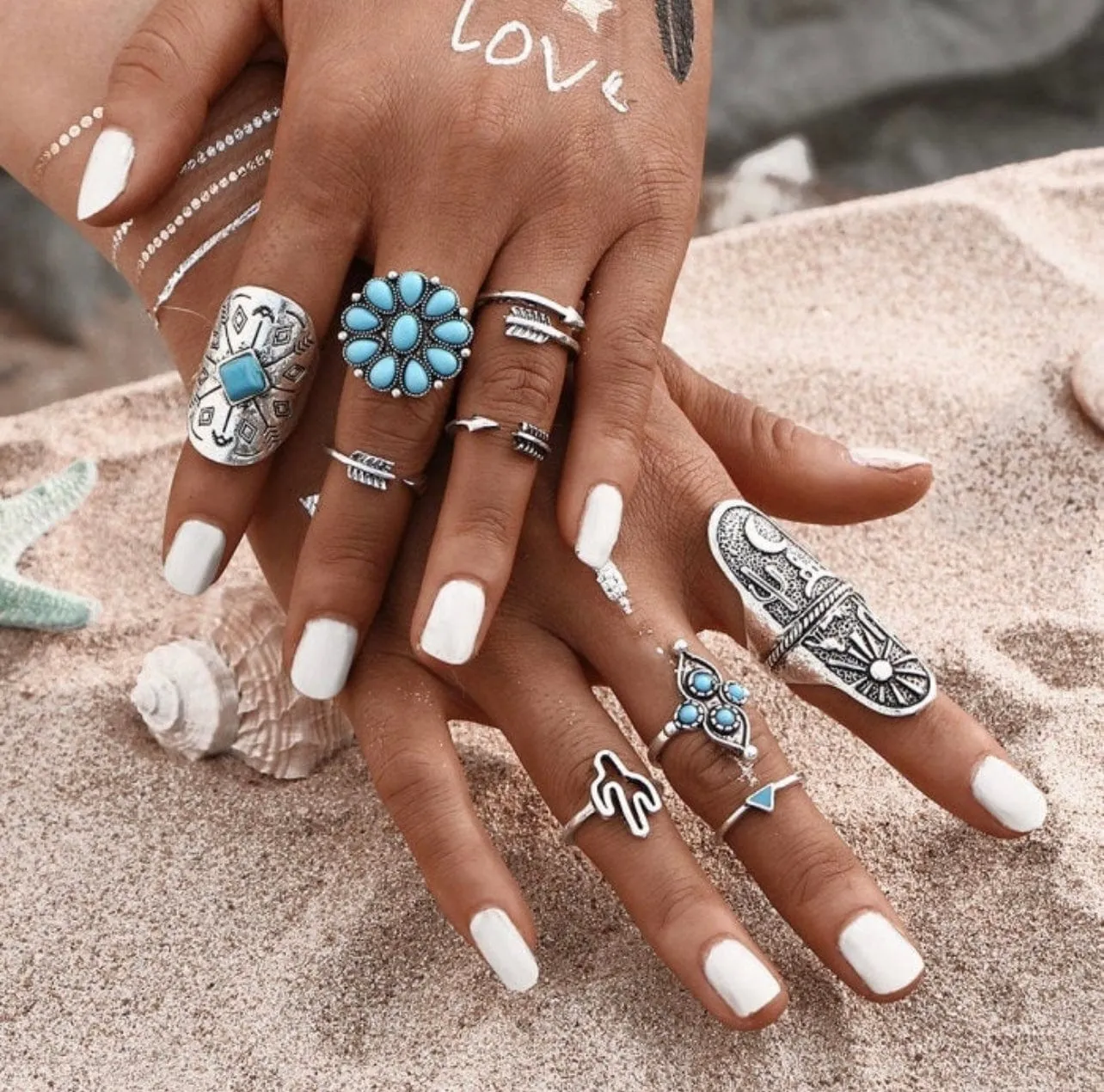 9pc Southwest desert turquoise ring set