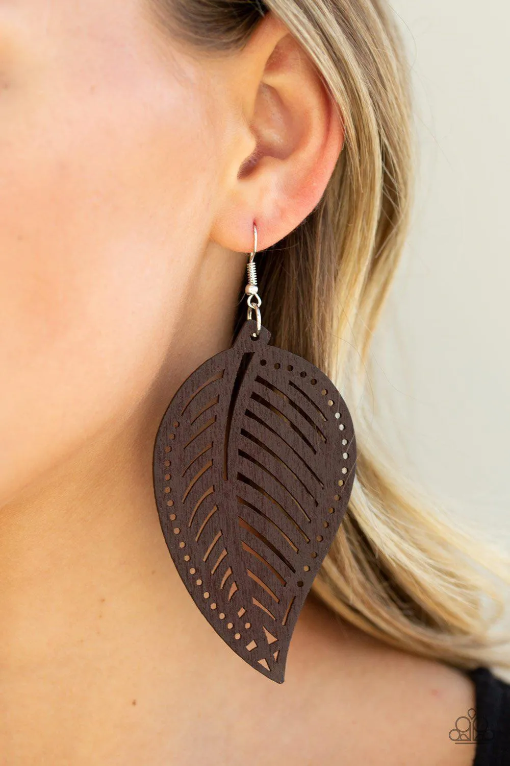 Amazon Zen Brown Wood Leaf Earrings - Paparazzi Accessories