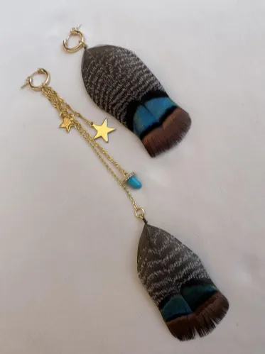 Asymmetrical Small Hoops with Feathers, Turquoise, & Gold Stars
