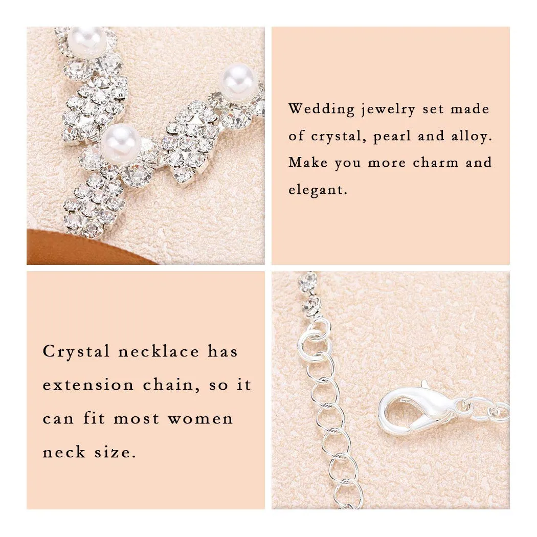 Aukmla Bride Pearl Wedding Necklace Earrings Set Silver Crystal Necklaces Rhinestone Necklaces Jewelry Accessories for Women and Girls (Set of 3)