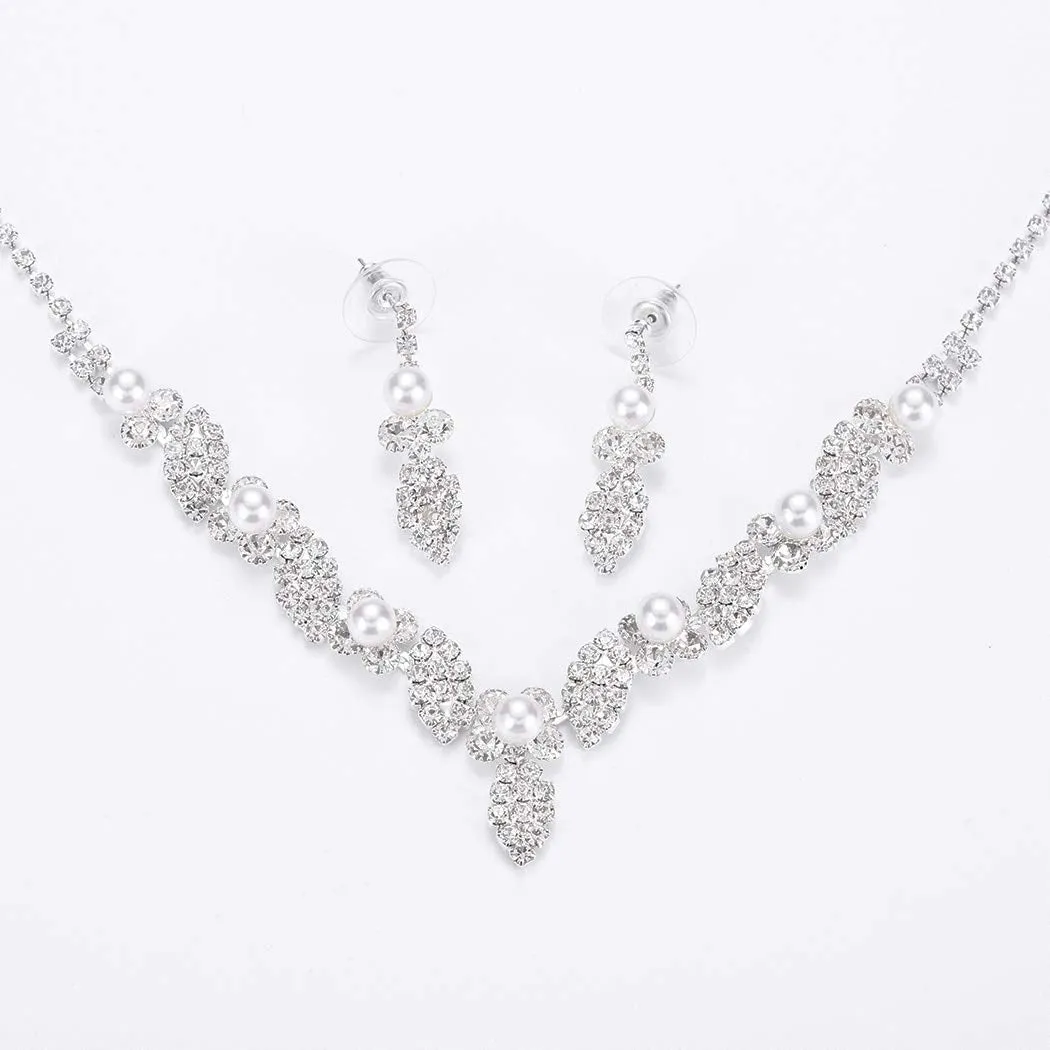 Aukmla Bride Pearl Wedding Necklace Earrings Set Silver Crystal Necklaces Rhinestone Necklaces Jewelry Accessories for Women and Girls (Set of 3)