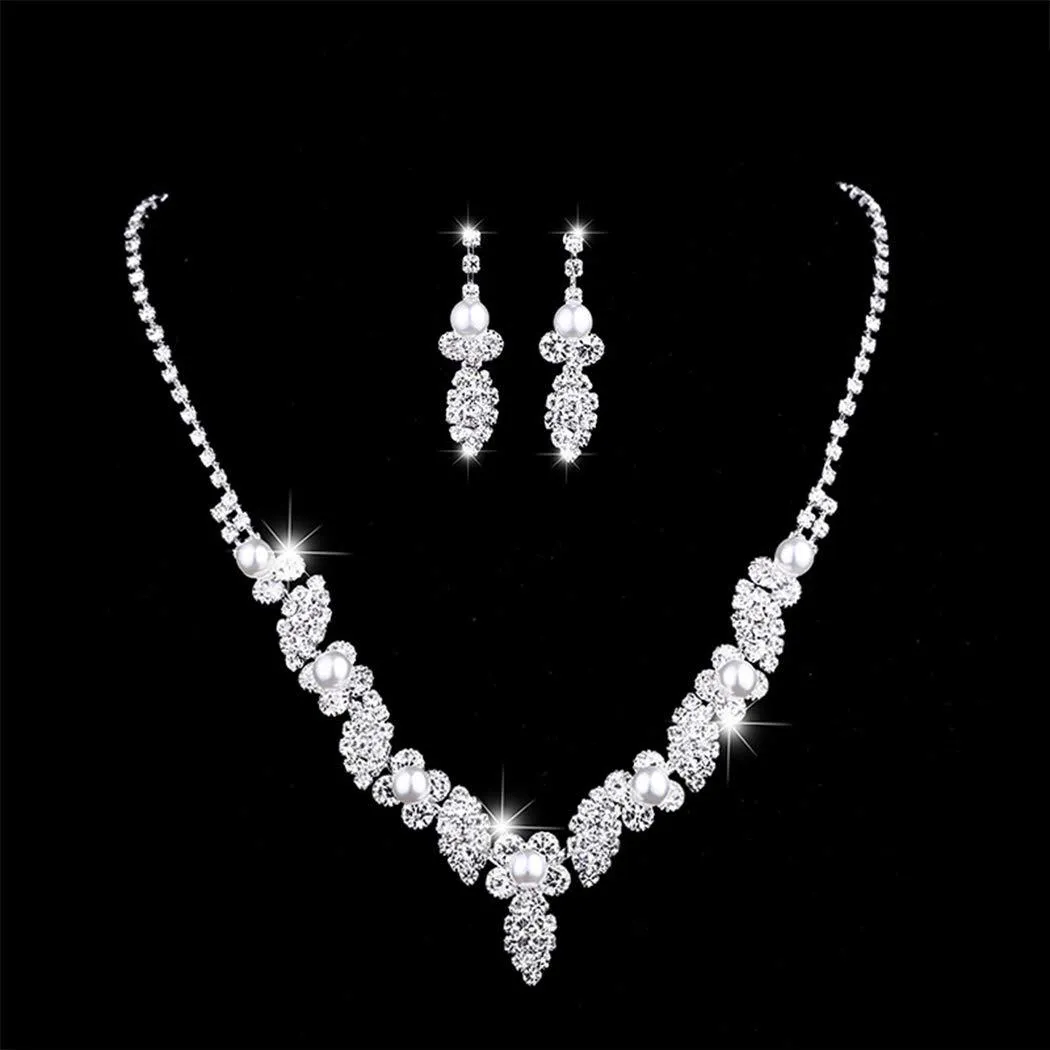 Aukmla Bride Pearl Wedding Necklace Earrings Set Silver Crystal Necklaces Rhinestone Necklaces Jewelry Accessories for Women and Girls (Set of 3)