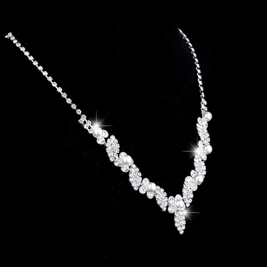 Aukmla Bride Pearl Wedding Necklace Earrings Set Silver Crystal Necklaces Rhinestone Necklaces Jewelry Accessories for Women and Girls (Set of 3)