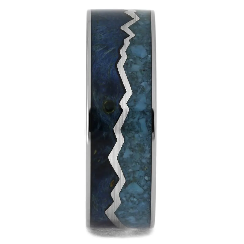 Blue Wedding Band with Turquoise and Wood with Zig Zag Pattern