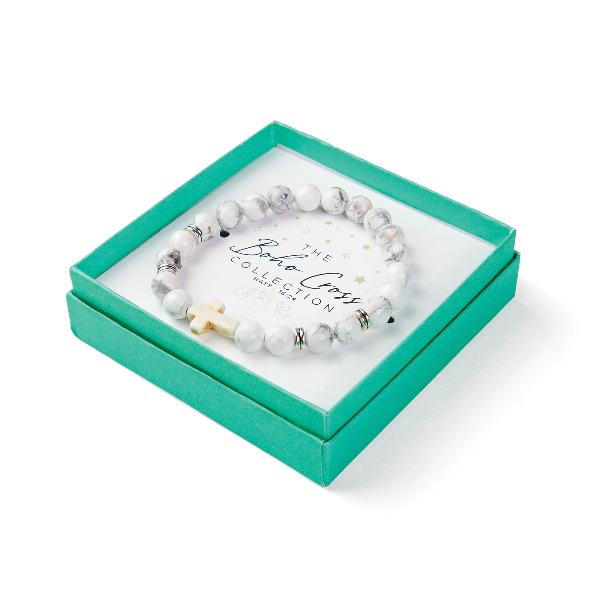 Boho Cross Bracelet – White Howlite Beads