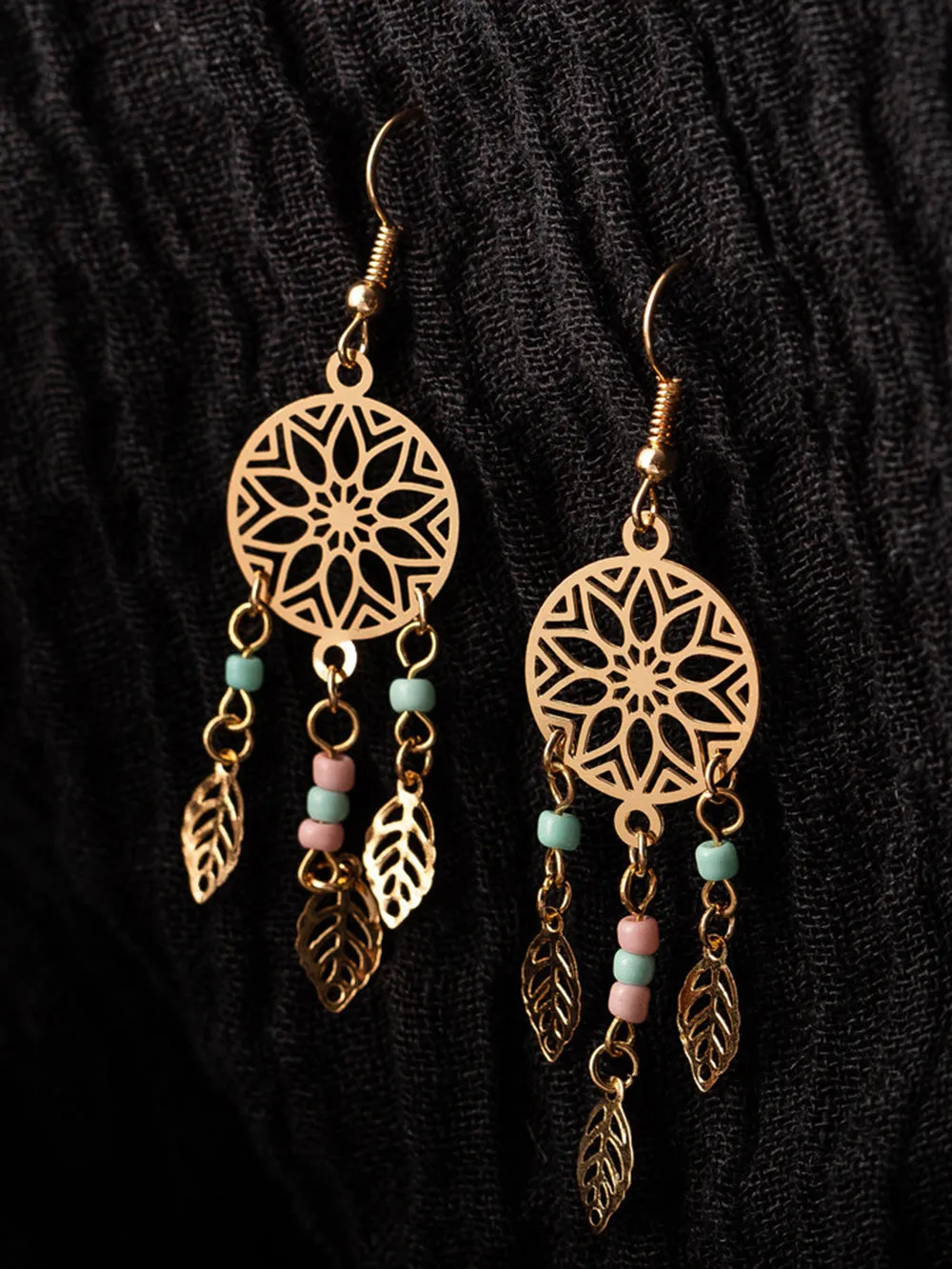 Boho Earrings - Floral Circle Beaded Tassel Leaves