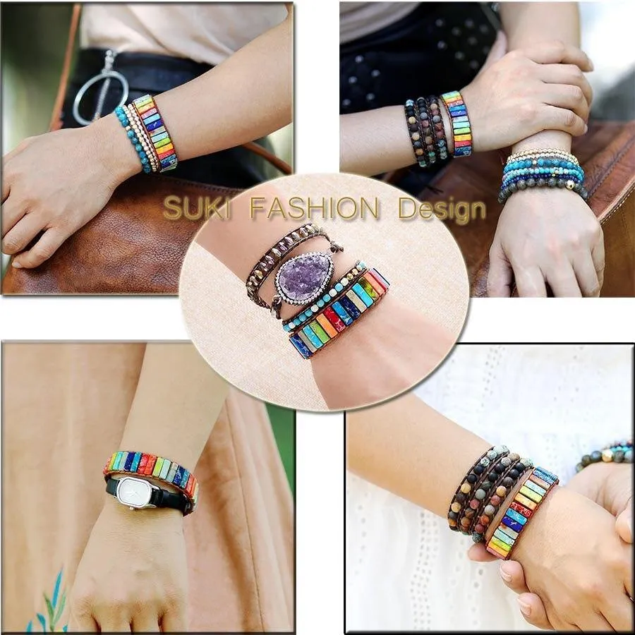 Chakra Bracelet Jewelry Handmade Multi Color Natural Stone Tube Beads