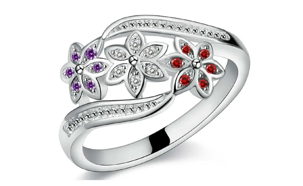 Classic Elegant Silver Plated Crystal Three Colorful Flower Ring (8)