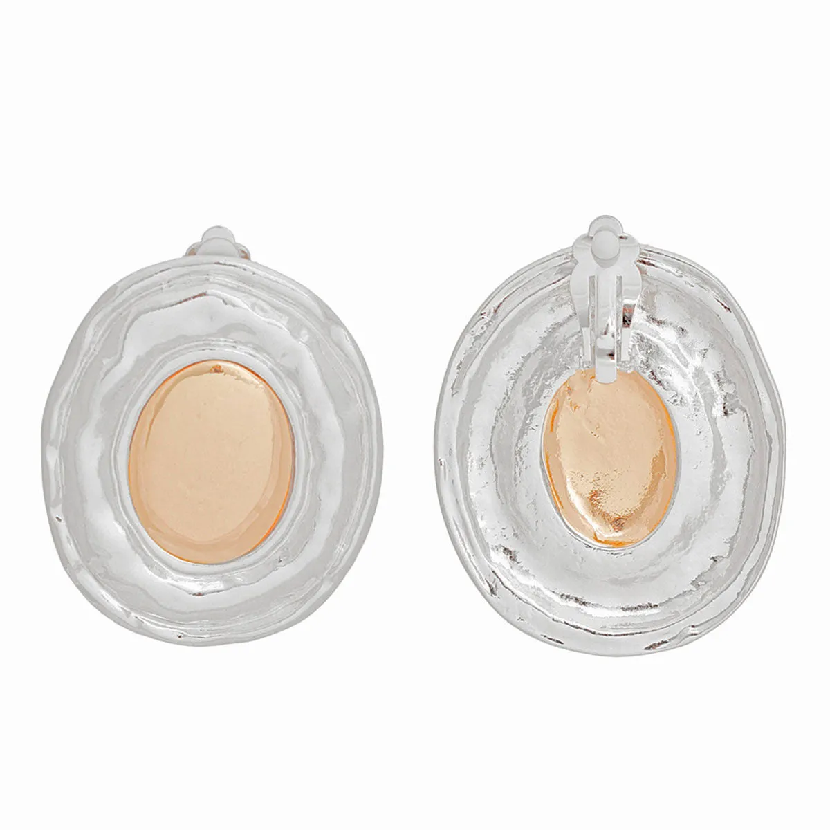 Clip On Earrings Large Silver Organic Oval Women