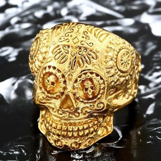 Colorful Gothic Gold Carving Kapala Skull Rings