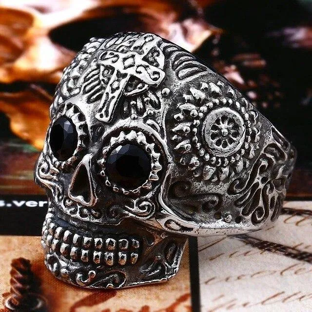 Colorful Gothic Gold Carving Kapala Skull Rings