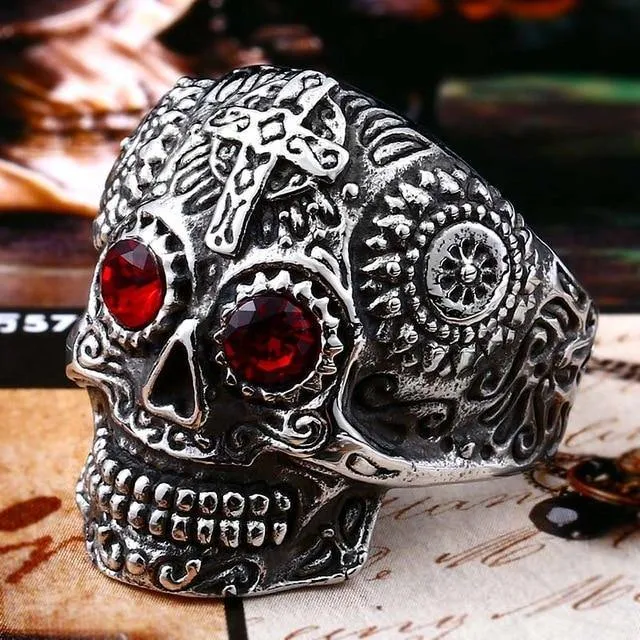 Colorful Gothic Gold Carving Kapala Skull Rings