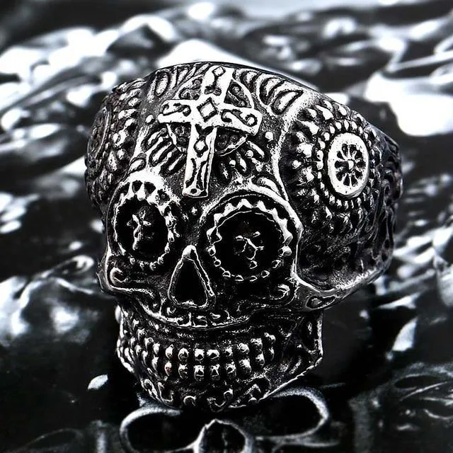 Colorful Gothic Gold Carving Kapala Skull Rings