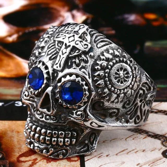 Colorful Gothic Gold Carving Kapala Skull Rings