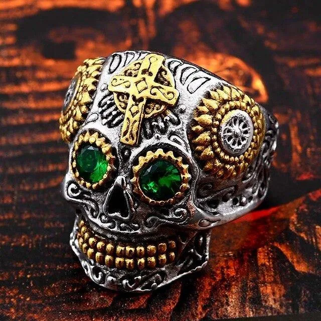Colorful Gothic Gold Carving Kapala Skull Rings