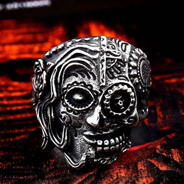Colorful Gothic Gold Carving Kapala Skull Rings