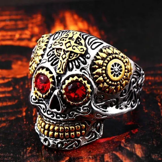 Colorful Gothic Gold Carving Kapala Skull Rings