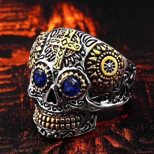 Colorful Gothic Gold Carving Kapala Skull Rings